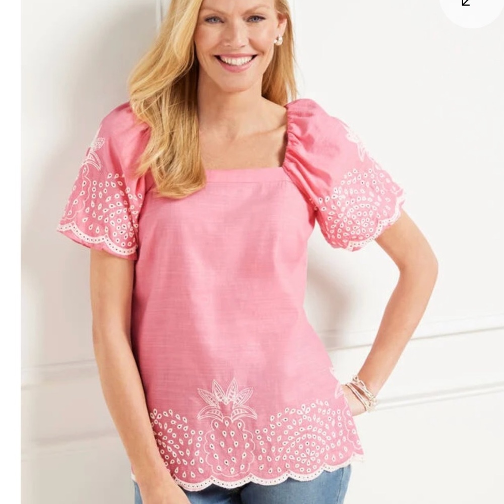 NWT Linen Cotton Blend Square Neck Pink Pineapple Embroidered Top size Medium
